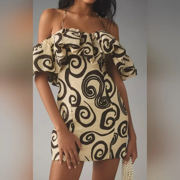 The Wolf Gang Mirador Linen Mini Dress, Vintage Black & Ivory Pattern, XS - Picture 4 of 14